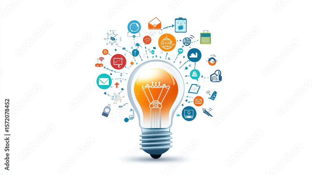 Poster lightbulb connected to ai chip with content icons floating around. vector on white.