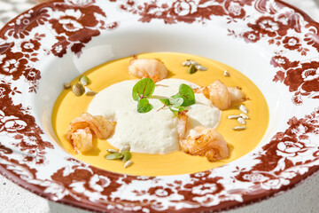 Pumpkin soup with shrimp, bright sunlit mood, closeup presentation in ornate ceramic bowl