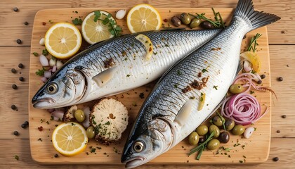 Two fresh raw sea bass fish prepared for cooking with lemon, olives, herbs, and red onions on a wooden board