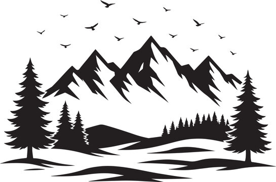 Majestic snow capped mountains rise above a serene forest landscape with soaring birds in the sky