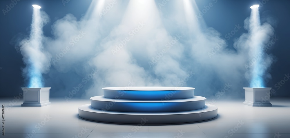 Poster a pristine three-tiered platform is illuminated by ethereal blue light and surrounded by soft mist.