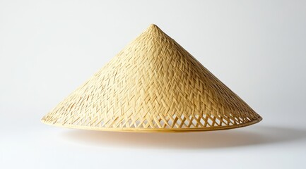 Light Beige Cone-Shaped Woven Straw Hat on White Background