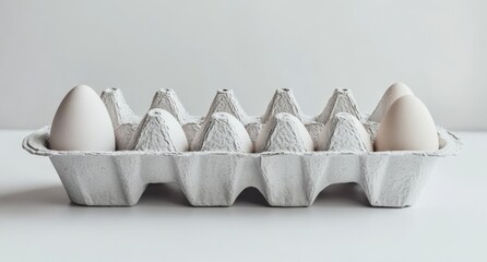 Cardboard Egg Carton with White Eggs on White Surface