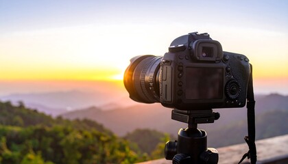 DSLR camera on tripod, sunrise over mountains