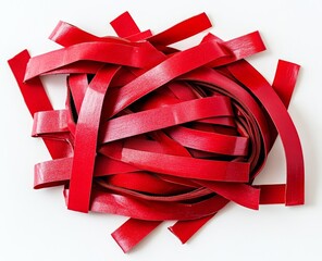 Red Fabric Strips Pile on White Background