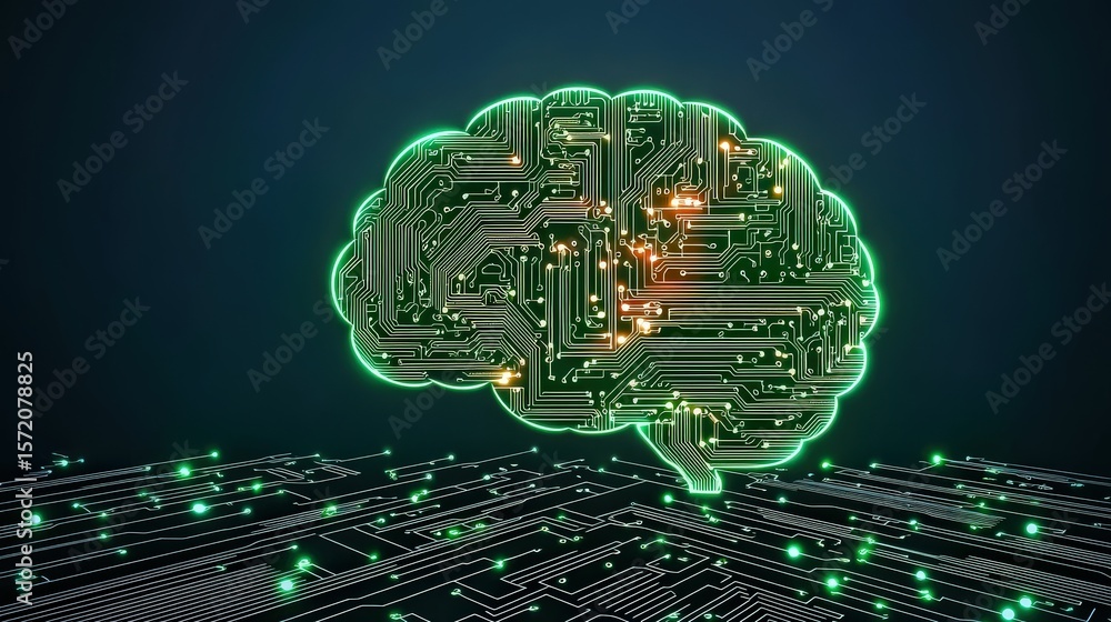 Poster minimal art of a circuit board forming a brain shape, symbolizing neural processing technology
