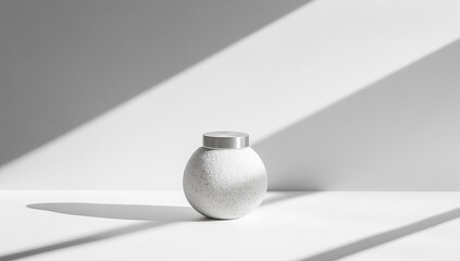 Minimalist White Sphere Container on White Surface with Sunlight Shadows
