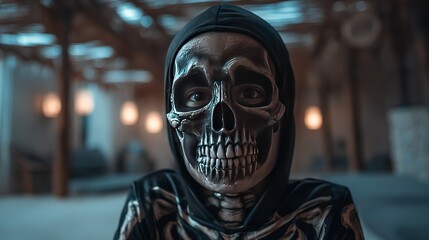 Mysterious Figure with Skull Makeup in Dark Environment
