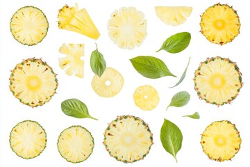 Fresh Pineapple Slices and Leaves Arranged on White Background