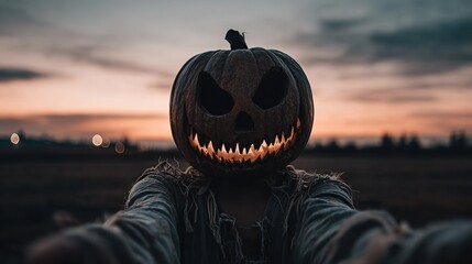 Creepy Pumpkin Scarecrow at Sunset in the Field
