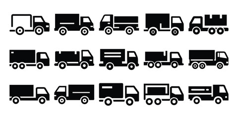 Minimalist black truck vector icon set including cargo truck, dump truck, delivery truck, tow truck, pickup truck and transport lorry illustration

