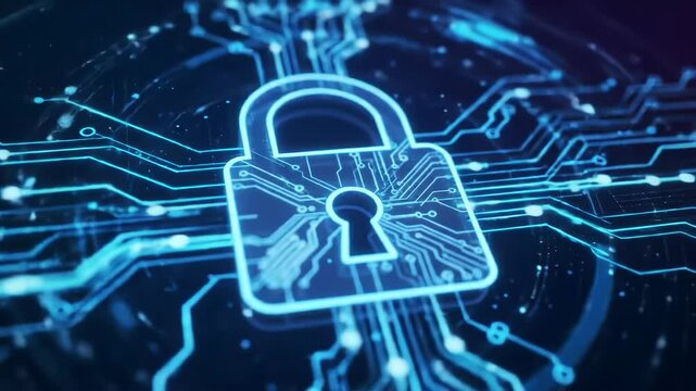 A neon blue padlock icon is superimposed on a network of circuit board lines, signifying digital security. The background is dark blue, with glowing nodes - Powered by Adobe