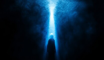 Silhouette figure walking through a dark, blue-lit tunnel