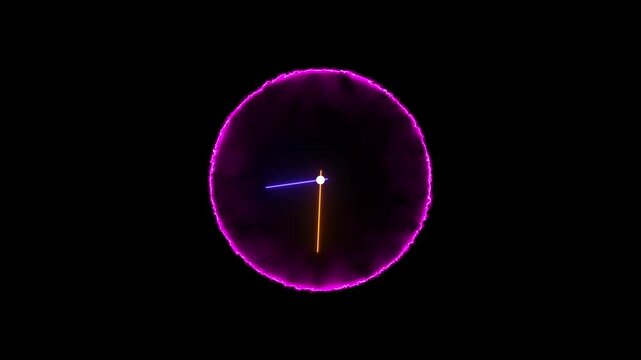 Glowing neon clock icon animation and 24 hours loop timer clock 24 hour day fast speed time digital analog clock animated wall clock c on black background