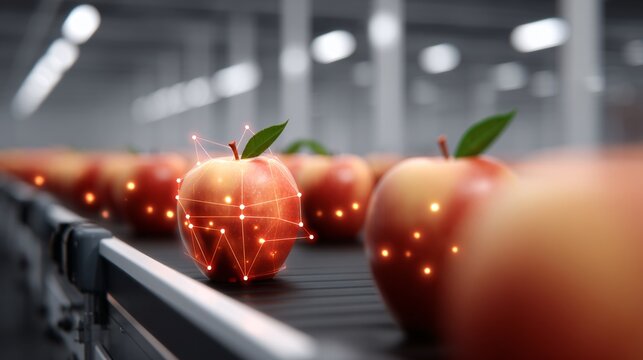 AI fruit defect detection system highlighting spots and bruises on apples, inspection tech 