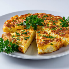 Delicious spanish omelette frittata with fresh parsley garnish on white plate
