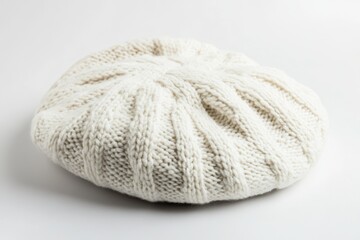 Knitted beret, cream color, studio shot, plain white background