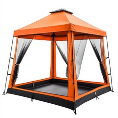Orange pop-up gazebo, perfect for outdoor events, featuring mosquito netting
