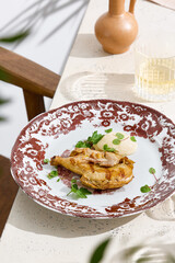 Grilled cornish hen with mashed potatoes, bright lighting, overhead composition