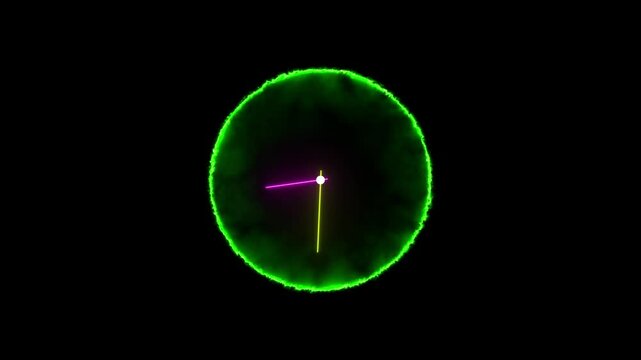 Glowing neon clock icon animation and 24 hours loop timer clock 24 hour day fast speed time digital analog clock animated wall clock c on black background.