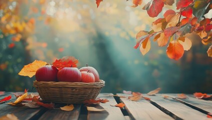 Autumn apples in a basket on wooden planks, fall leaves in background
