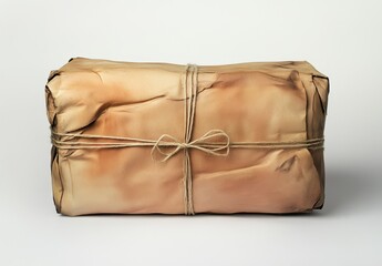Aged package tied with twine on plain background