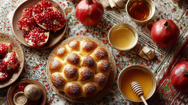 Traditional Rosh Hashanah foods with honey, pomegranate, and challah bread arranged festive tablecloth creating warm