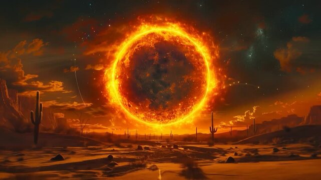Fiery Ring Sun Desert Landscape.