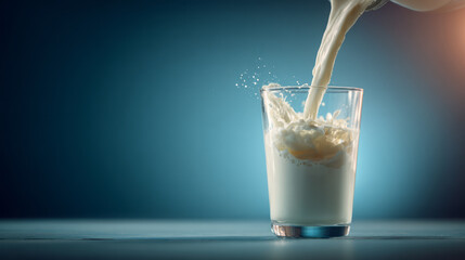Milk pouring into glass with splash on blue background, fresh dairy drink with natural creamy texture and bright light
