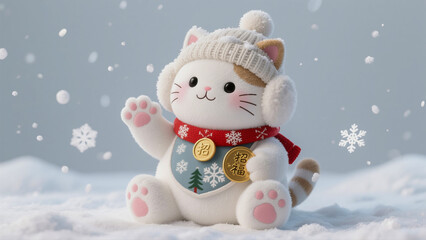 Festive Lucky Cat Waving in Winter Wonderland with Snowflakes and Snowy Background Charmingly