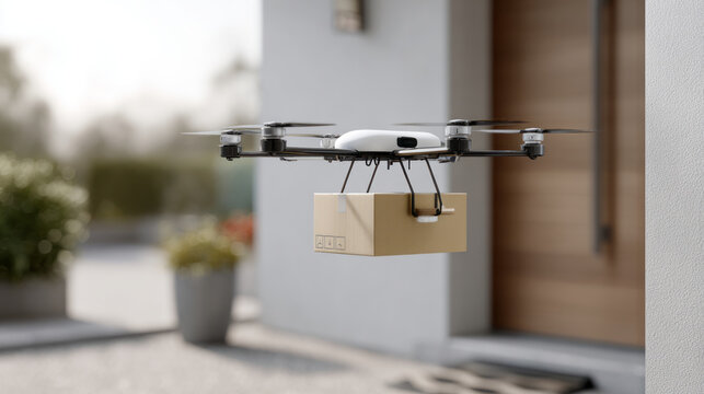 Sleek silent delivery drone landing precisely with cardboard package in residential outdoor setting