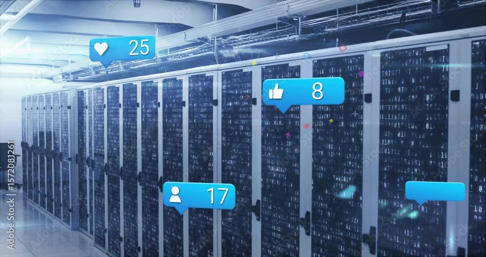 Poster server cabinets displaying social icons emerging, drifting and shifting counts visualizing activity