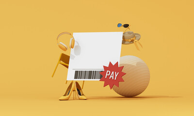 Simplified receipt layout with barcode and stylish accessories. 3d rendering.