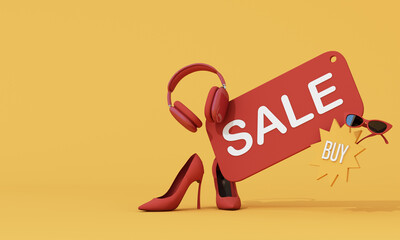 Minimal SALE tag with red heels, headphones and sunglasses on yellow background. 3d rendering.