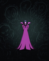 Dark cartoon figure in purple cloak surrounded by ghostly chalk doodles on textured background