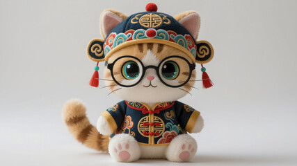Adorable Cartoon Cat Character with Glasses Wearing Traditional Chinese Clothing for Celebrations