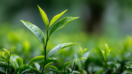 Obraz premium Fresh green tea leaves with water droplets on natural blurred background, vibrant and healthy plant growth in garden