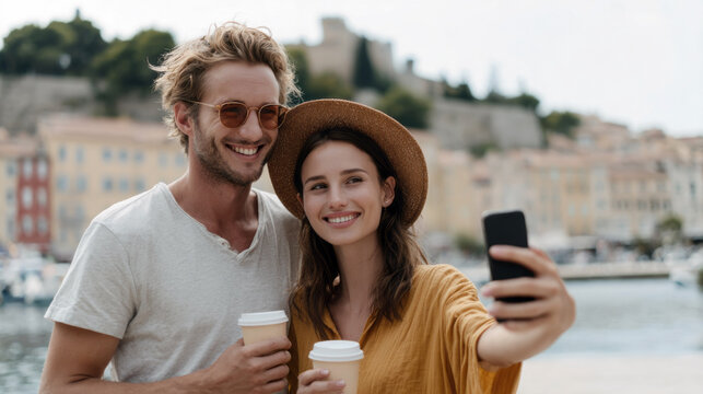 Happy couple taking selfie while holding coffee cups near waterfront with buildings and castle in background