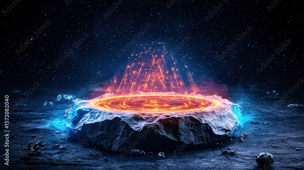 Poster vector bot merging glowing rune-like data into a futuristic stone display