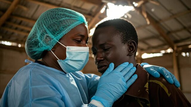 Nurse comforting an Ebola survivor with a supportive hug at humanitarian health center