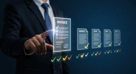 Photo of a businessman reviews an invoice checklist, ensuring financial compliance and approval