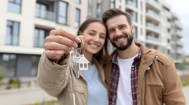 Young couple holding house key with keychain smiling happily in front of modern apartment building