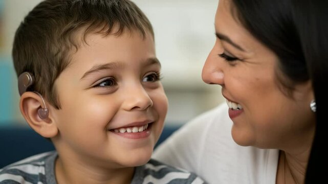 Boy with cochlear implant smiles at his mother, representing hearing aid success story