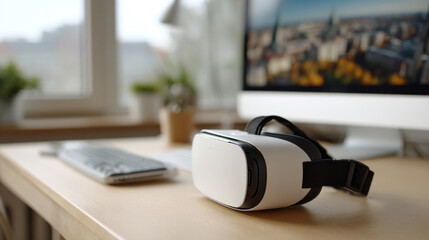 Virtual reality headset on modern desk with computer keyboard and monitor in bright room, technology concept