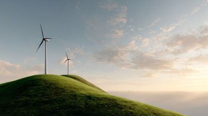 Fototapeta premium Wind turbines on scenic green hill with soft clouds and warm sunlight creating peaceful and natural atmosphere
