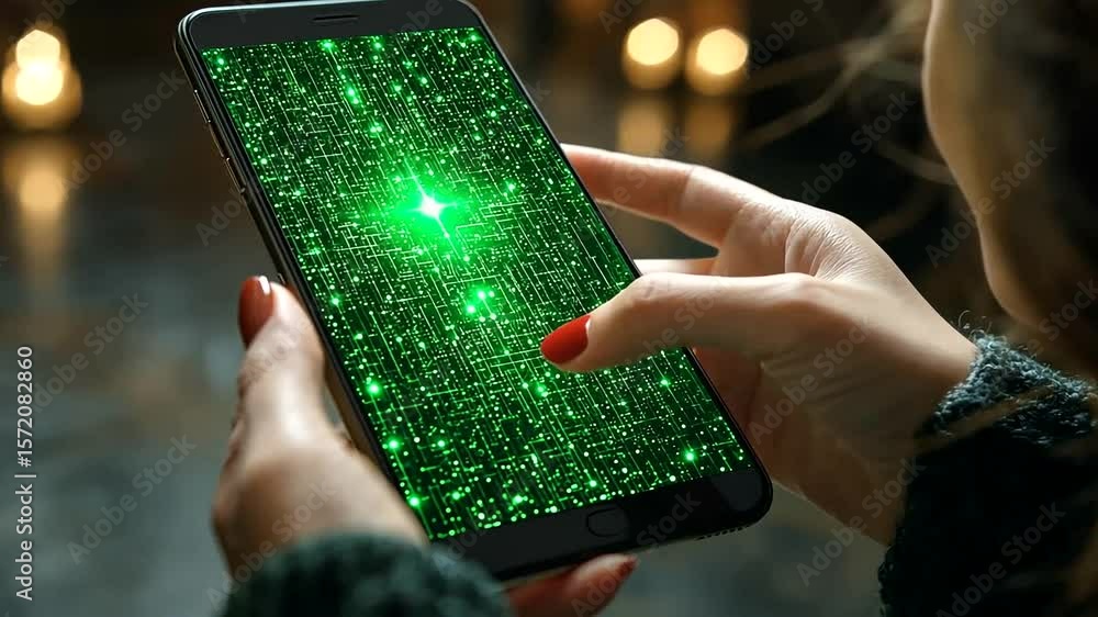Poster woman using smartphone with green tech interface display for cyber security future