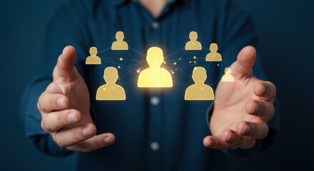 Photo of hands present a glowing network of people icons, symbolizing connection and community