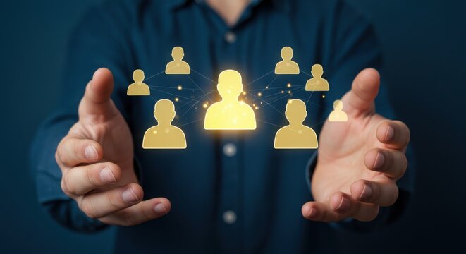 Photo of hands present a glowing network of people icons, symbolizing connection and community