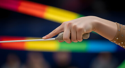 Close-Up of Hand Holding Rhythmic Gymnastics Ribbon – Graceful Motion in Detail