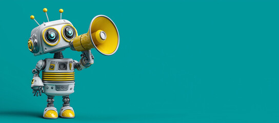 A futuristic AI robot agent uses a megaphone loudspeaker for broadcasting an announcement, advertising communication, and marketing with artificial intelligence and agentic autonomy